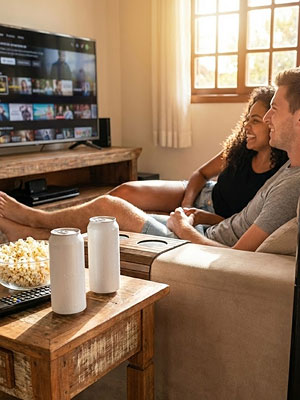 cerveja zero imagem carrossel casal na sala