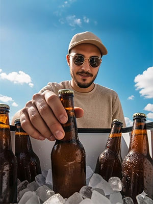 cerveja zero imagem carrossel homem pegando cerveja na caixa térmica
